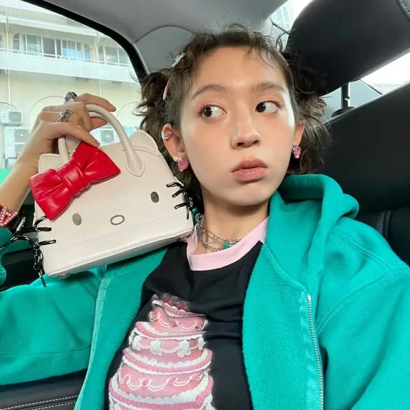 MBTI White Hello Kitty Shoulder Bag for Women Small Cartoon Leather Sweet Crossbody Bag Cute Bow Fashion Vintage Female Handbag