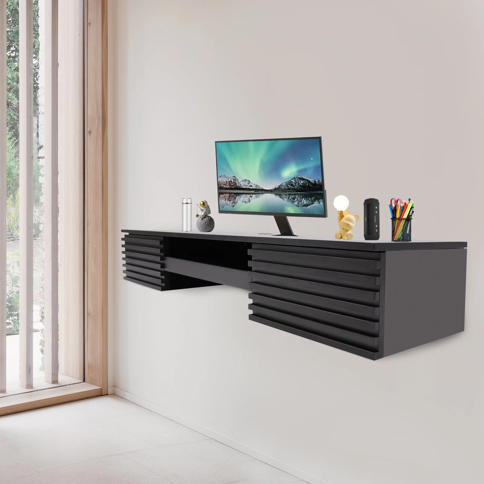 Floating Desk with Pull Out Drawer, Wall Mounted Laptop Computer Write Study Table Multifunctional Workstation Office Organizer 5