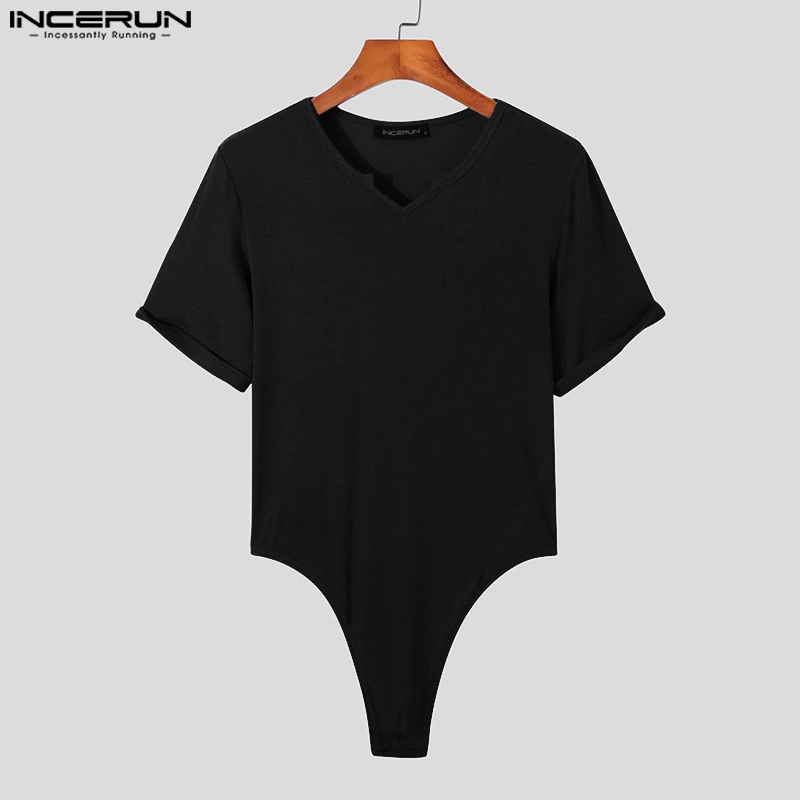 Men Bodysuits Solid Color V Neck Short Sleeve Pajamas Sexy Homewear Rompers Fashion Fitness Men Bodysuit INCERUN Plus Size