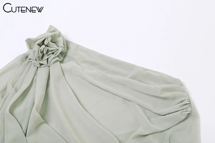 Women's Top Patchwork Long-Sleeved Mesh Shirt Casual Pleated Diagonal Collar Flower Decor Clothing Sexy Femme Streetwear