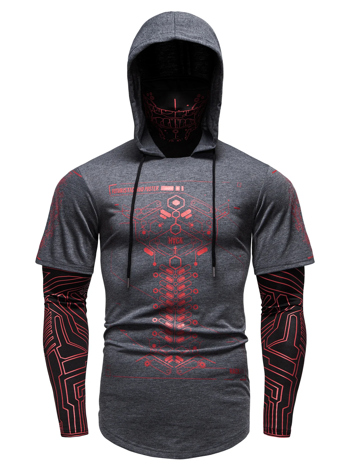 남성용 긴팔 티셔츠 해골 프린트 사이클링 낚시 야외 등산 모자 탄력있는 근육질 페이크 투피스 다크 컬러