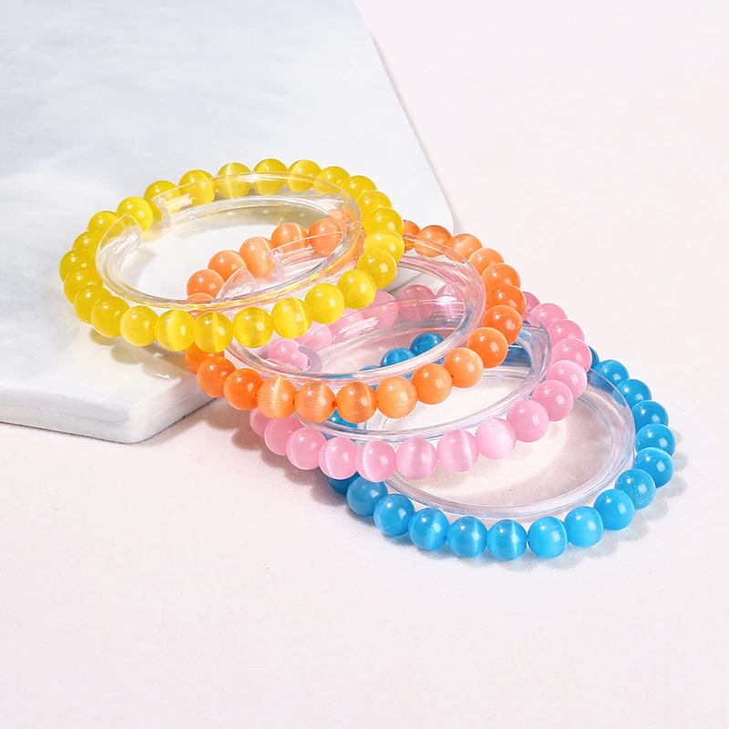 Pulsera de hilo de cuentas redondas de piedra de ojo de gato - Imagen 4