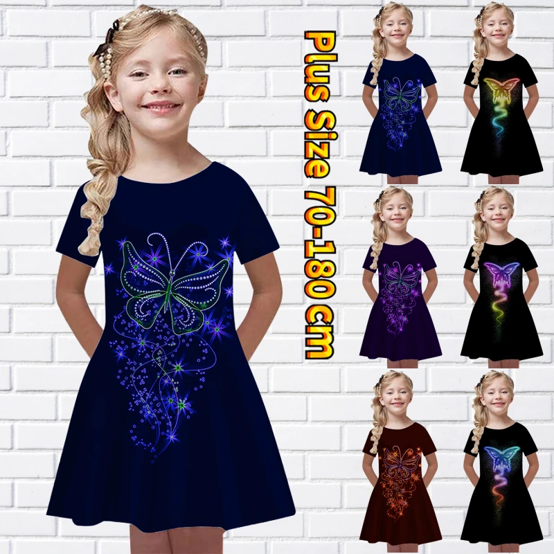 

Летняя винтажная Юбка До Колена для маленьких девочек, юбка принцессы с круглым вырезом, модное Повседневное платье, юбка с коротким рукавом и принтом бабочки