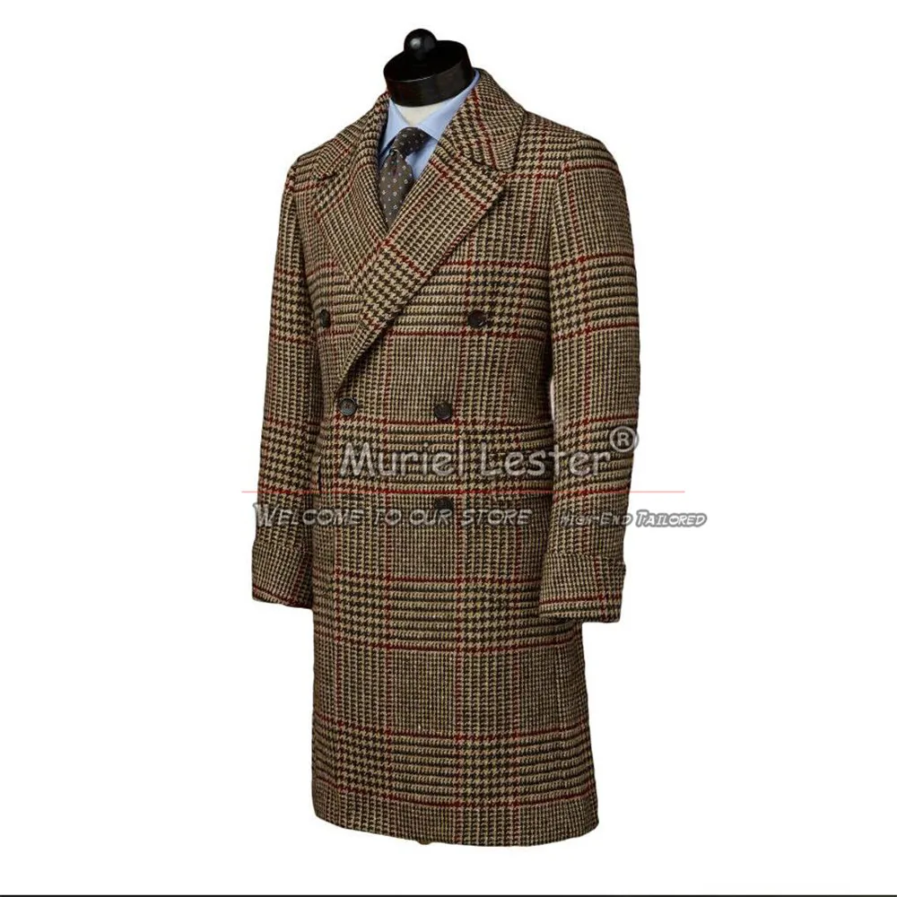 Man England Style Suit Jackets Tweed Wool Blend Trench Coat Long Double Breasted Blazer Business Men's Overcoat