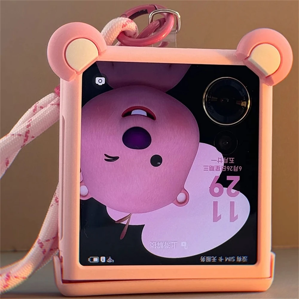 Korean Cute Cartoon Anime Pink Ear Phone Case with Hand Strap Cover