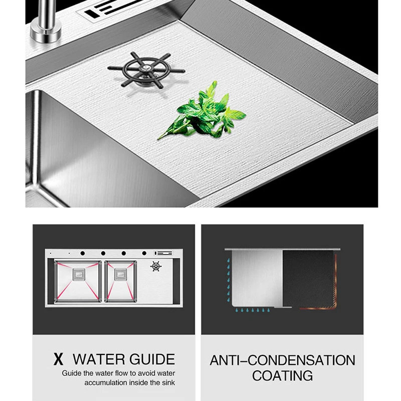 ASRAS New Large Size Double Kitchen Sink Cup Rinser Sink 4mm Thickness 220mm Depth With Drain Plate Knife Holder Handmade Sinks