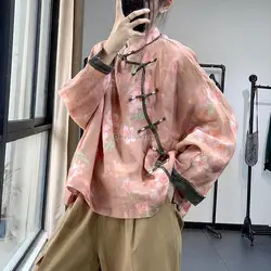 2023 autumn and winter retro chinese national style printed hanfu dish buckle linen loose long sleeve women casual blouse s44