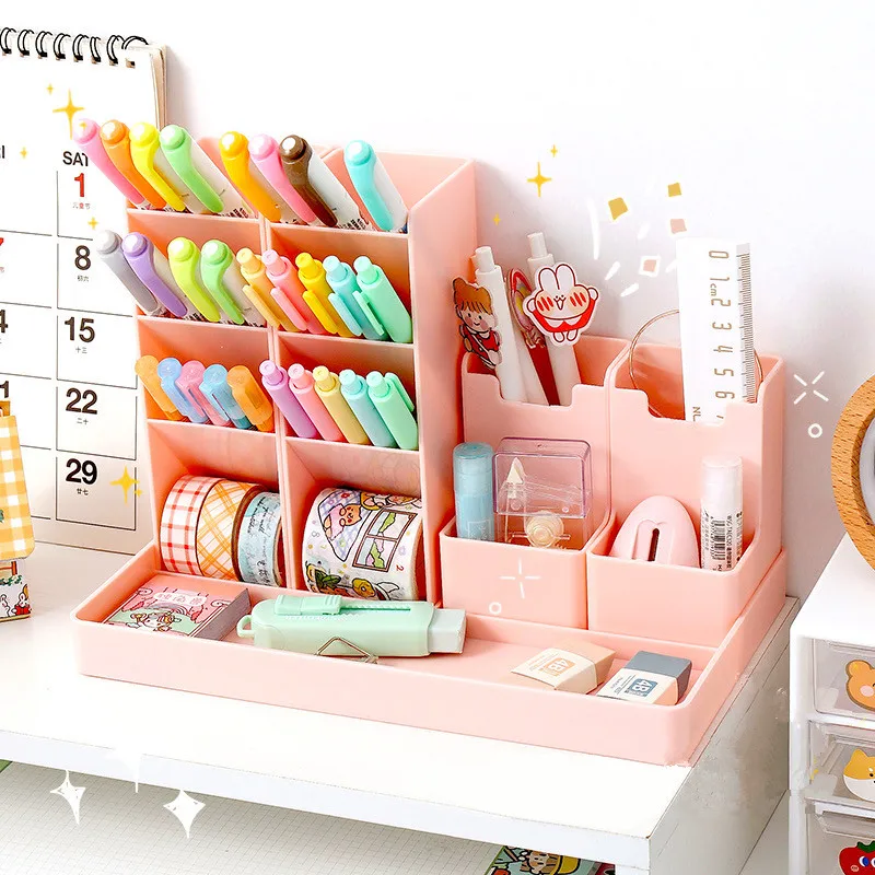 MINKYS Kawaii White/Pink/Transparent ABS Drawer Desktop Organizer Makeups  Pens Desk Storage Box Free Sticker School Stationery