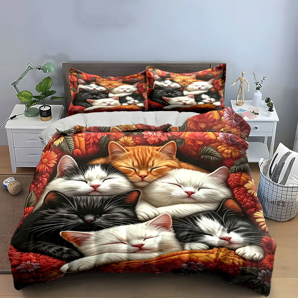 Cat Bedding Set Cartoon Duvet Cover Set Flowers Comfor Cover Bedroom Decor Guest Room 3pcs(1 Duvet Cover + 2 Pillow) 3