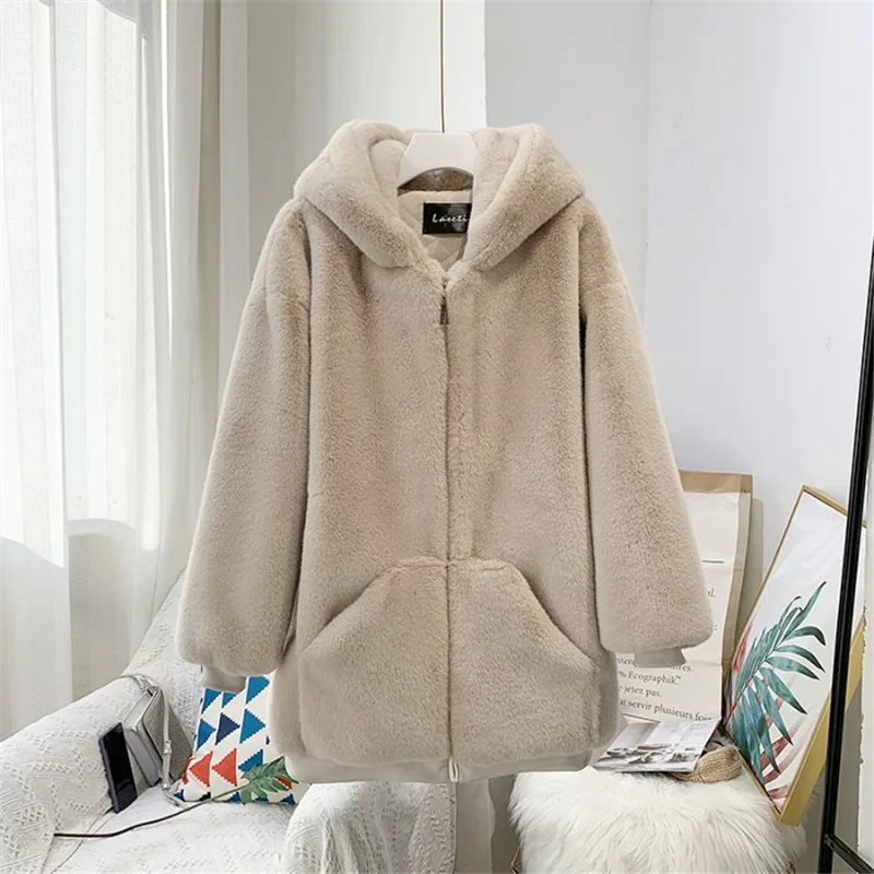 2023 Winter Women Mid-length Faux Rabbit Fur Hooded Coat Thicken Warm Overwear Plush Outcoat Solid Color Elegant Fashion Jackets