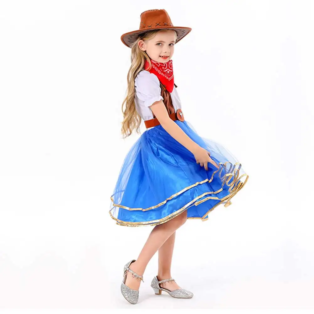 Disguise Cowboy Cosplay Child Girls Tutu Dress Hat Belt Clothing Cartoon Stage Fantasia Costume Kids Roleplay Outfits Role Play