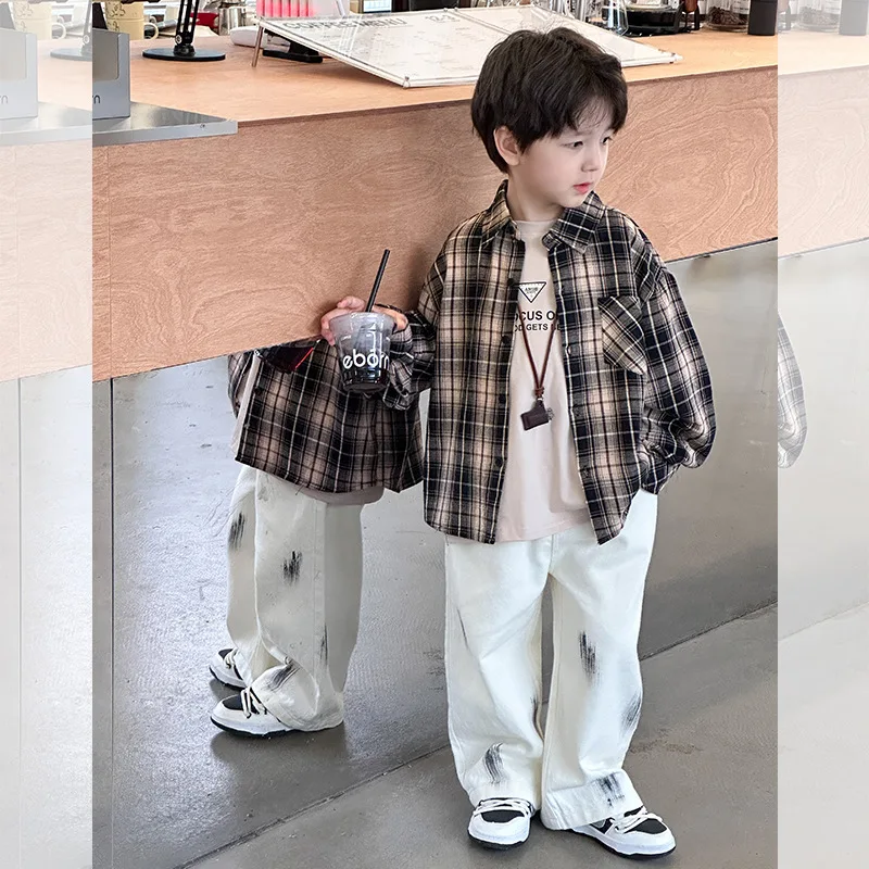 Spring Autumn baby shirts children fashion plaid long sleeve shirt boys turn-down collar loose cotton Tops