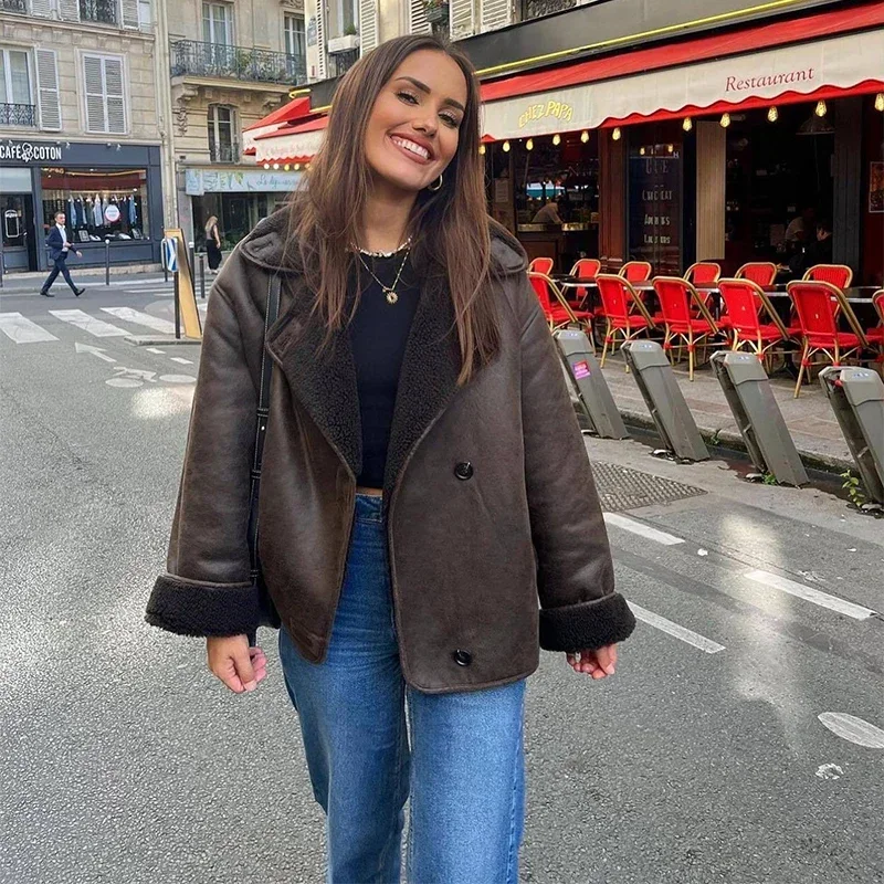 Vintage Women's Leather Jacket Loose Thick Warm Lapel Single Breasted Long Sleeve Fleece Jacket Fall Winter Street Outwear