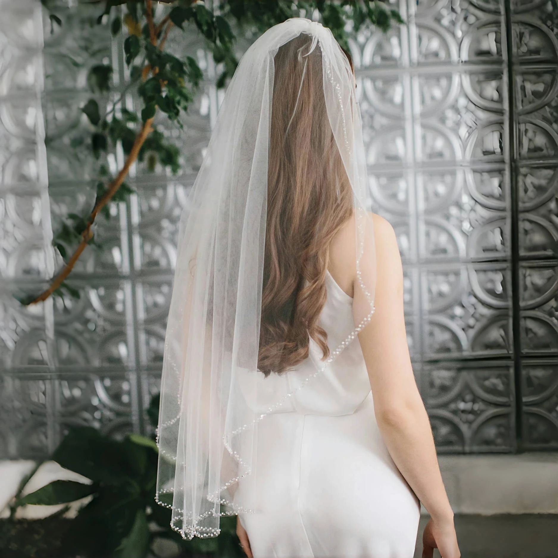 Velo Da Sposa In Organza Con Perline - Bordato Strass Per Matrimonio