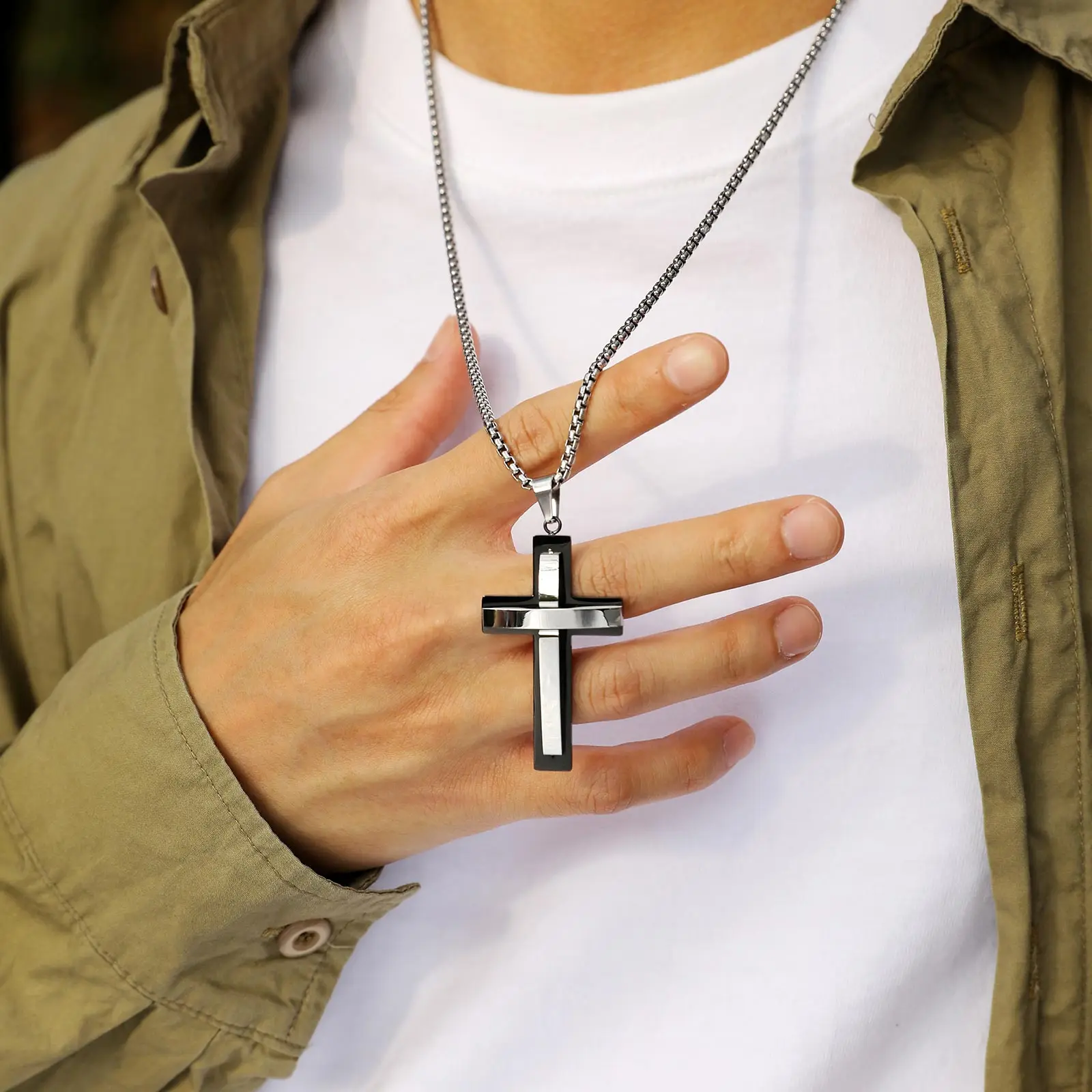 Stylish Layers Cross Necklaces for Men Boys,Two Tones Black