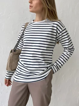 Wolfeel 2025 Summer Long Sleeve Striped T-Shirts Women Basic Casual Tops Female Cozy Loose Cotton Tees Harajuku T Shirt New 1