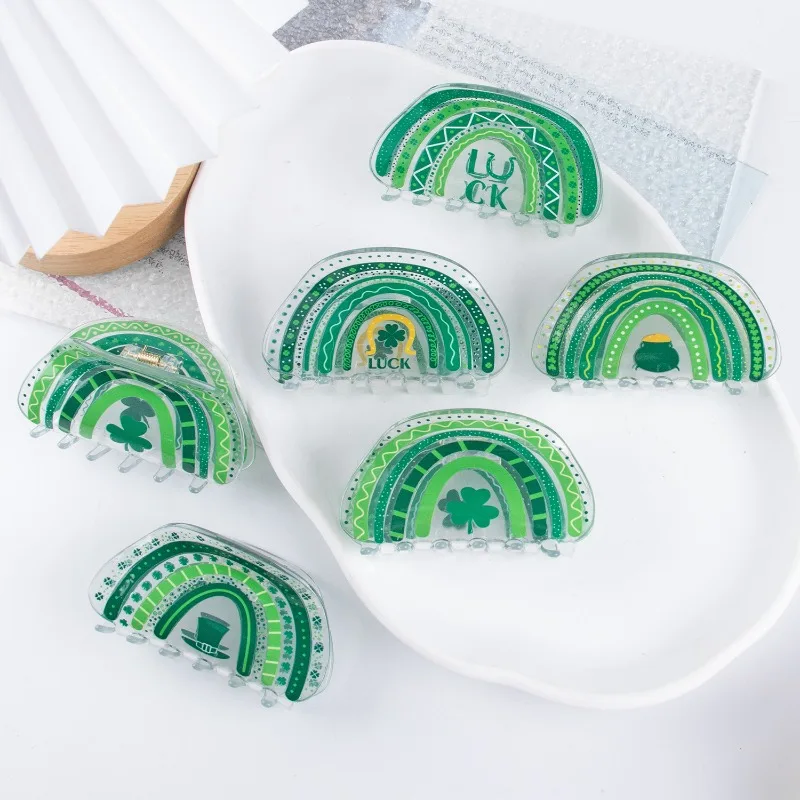 Clover Saint Patrick's Day Hair Clip PVC Luck Semi-Circular Printed Grab Clip 1 roll popular waterproof no residue 4 leaves clover printed gift box crafts label sticker household supplies