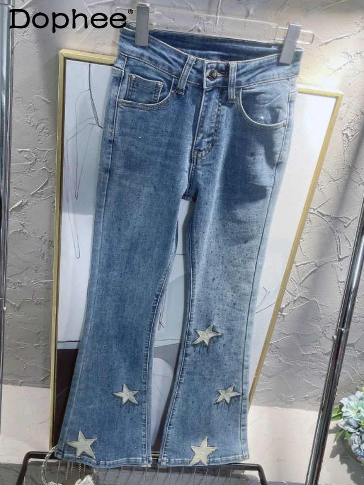 

Five-Pointed Star Embroidery Stretch Cotton High Waisted Jeans Spring Autumn Heavy Industry Hot Drilling Pants Bell-Bottom Pants