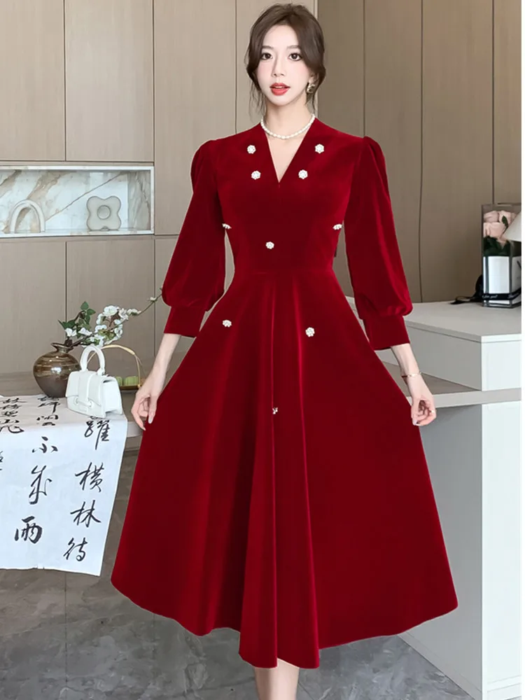 SMTHMA Ladies New Autumn Winter Red Velvet Dress For Women