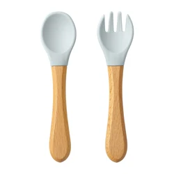 Baby Learning Utensils Set | Food Grade Silicone & Wood Training Spoon and Fork (18-grey blue)