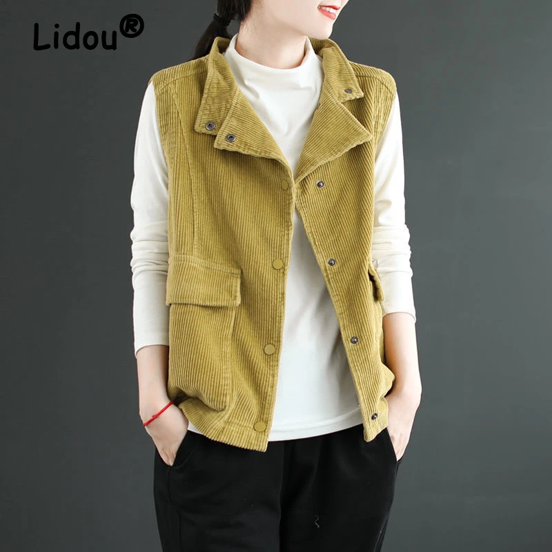 Women Retro Corduroy Casual Loose Sleeveless Pockets Single Breasted Cardigan Vest Spring Autumn Solid Waistcoat Female Clothing dimi men s sweater vest retro v neck sleeveless knit vest woolen korean clothes new autumn arctic velvet checkerboard pattern