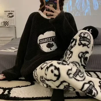 Thickened Warm Flannel Plus Size Women's Pajamas Tops and Trousers Sleepwear Homewear Fall and Winter Cartoon Bear Nightwear