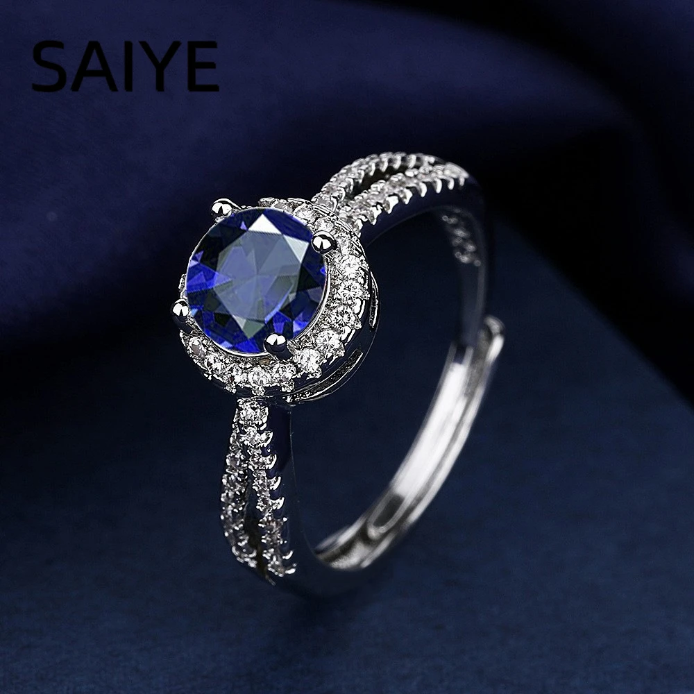 Elegant Blue Halo CZ Adjustable Sterling Silver Ring for Women - Fine Jewelry Gift