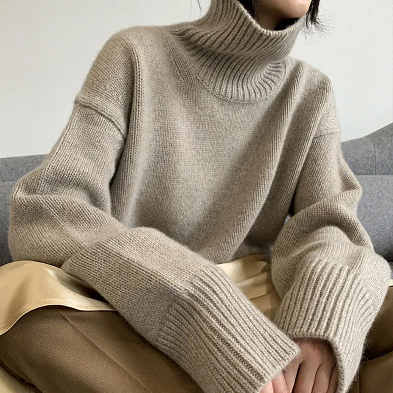 

Women's 2023 Autumn/Winter New Fashion Simple Retro High Neck Loose Lazy Pullover Knitted Wool Thickened Underlay Sweater