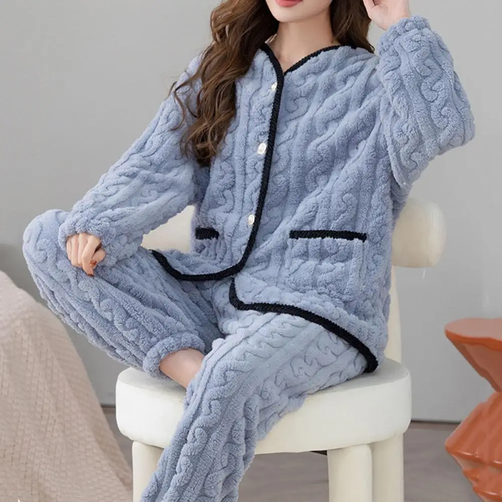 

Flannel Women Pajamas Sleepwear Long Sleeve Elastic Waist Nightwear Winter Keep Warm Pyjama Home Clothes Loungewear Night Suits