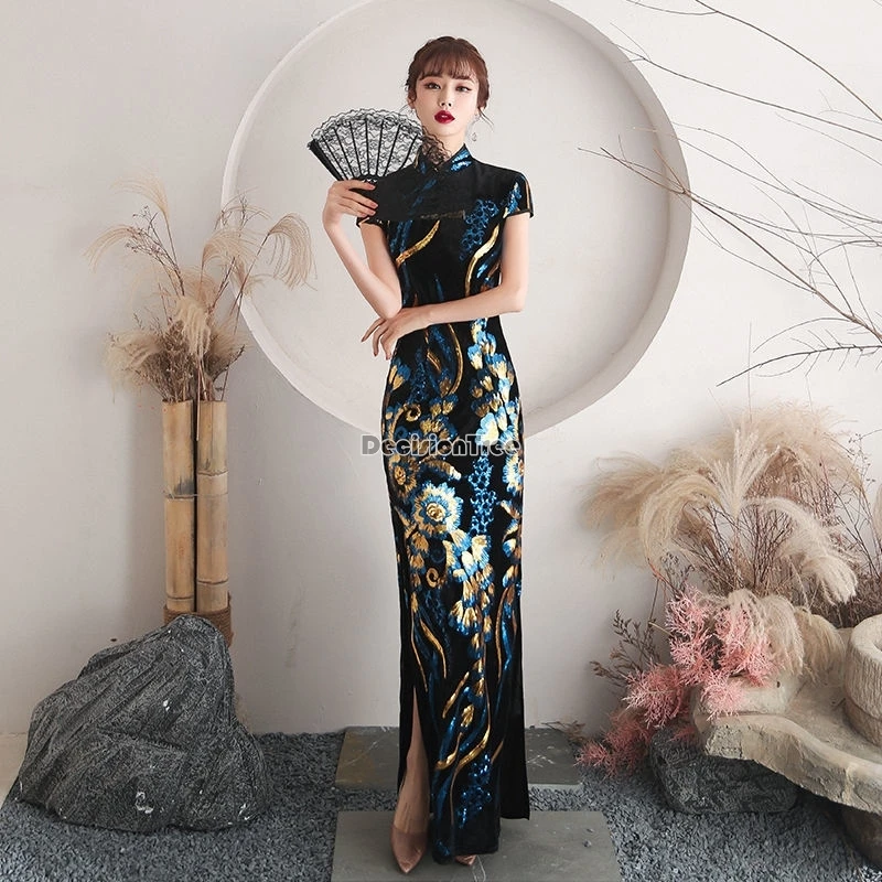 

2024 temperament banquet formal dress gold graceful gorgeous thread embroidery qipao dress new retro improved chinese cheongsam