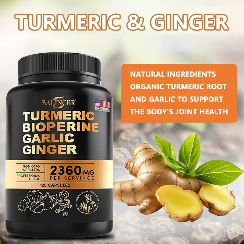 Turmeric Alkaloids Garlic Ginger Capsules for Muscles Joints Antioxidant Immunity Heart Brain Skin Digestion Supplement turmeric ginger supplement