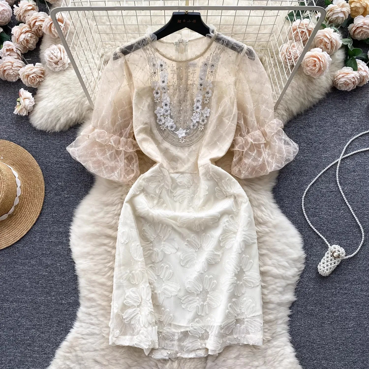 

Newest France Diamonds Embroidery Dress 2023 Fashion Designer Summer Women Mesh Sequin Floral Puff Sleeve Party Mini Dresses
