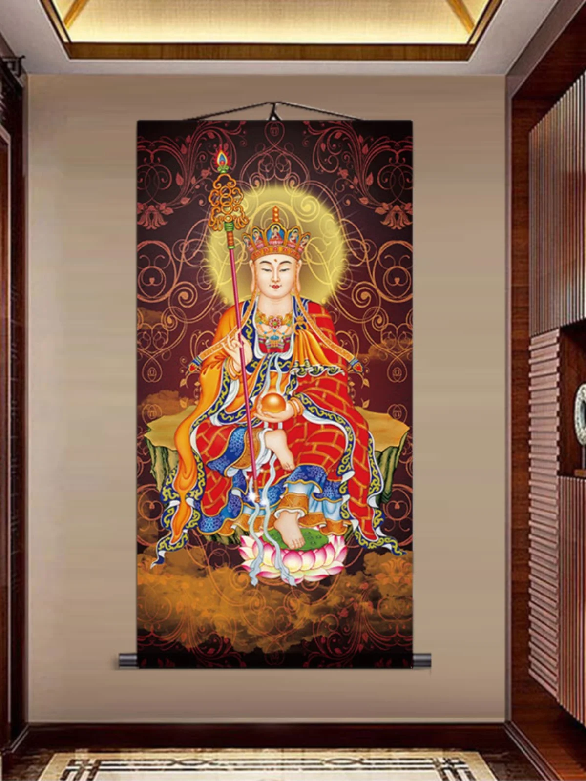 

Nanwudi Tibetan King Bodhisattva, Buddha Statue Hanging Painting, Exquisite Religious Feng Shui Silk Decorative Scroll Painting