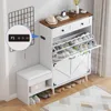Shoe Cabinet with Bench, Deodorizing Shoe Storage Cabinet with 2 Flip Drawers and 2 Sliding Drawers, Free Standing Narrow Farmho 1