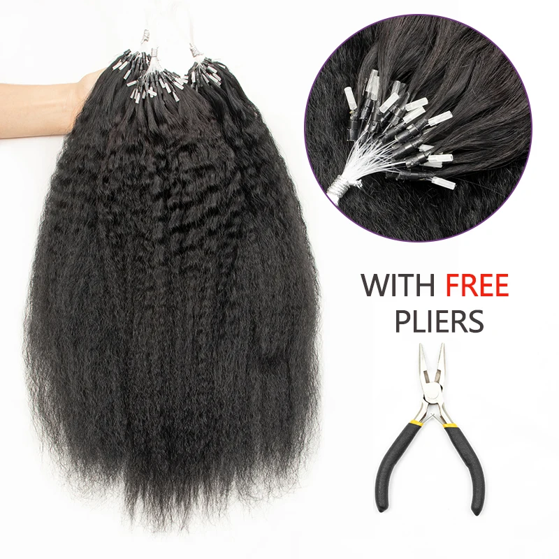 

Kinky Straight Micro Loop Human Hair Extensions Microring Hair extensions Soft Keratin Bonds Remy Natural Black 50strands/pack