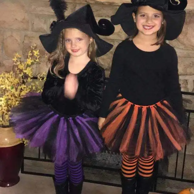 

Girls Purple Black Tutu Skirts Baby Ballet Tulle Pettiskirts with Witch Hat Kids Halloween Cosplay Party Costumes Cloth