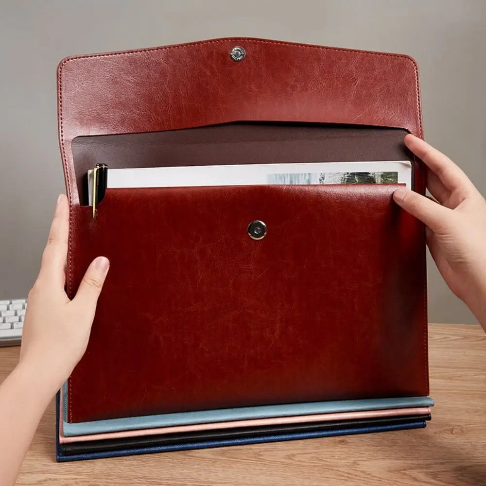 A4 Leather Business Felt Folder Classic Snap Design Large Capacity Document Bag Office Supplies File Organizer