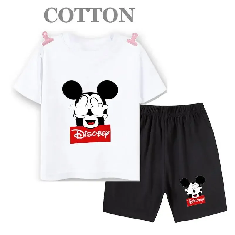 thumbnail image 1 of Conjunto de pantalones cortos de manga corta de verano para niños, camiseta de dibujos animados de Disney Mickey y pantalones, conjunto de 2 piezas, ropa linda para niñas y niños pequeños, 1 of 5