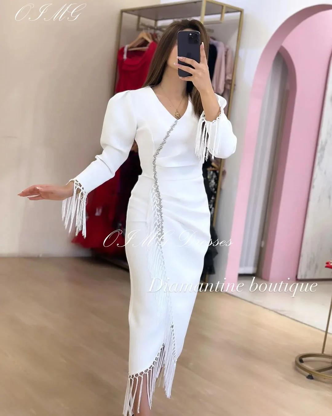 OIMG-Robes de Rhivoire à glands à col en V saoudien, manches longues, satin blanc, sirène vintage, soirée simple, quelle que soit la robe de soirée formelle