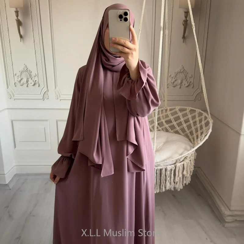 Eid Ramadan Plain Abaya With Integrated Hijab Scarf Women's Prayer Garment Muslim Dubai Kaftan Islam Robe Clothing Djellaba
