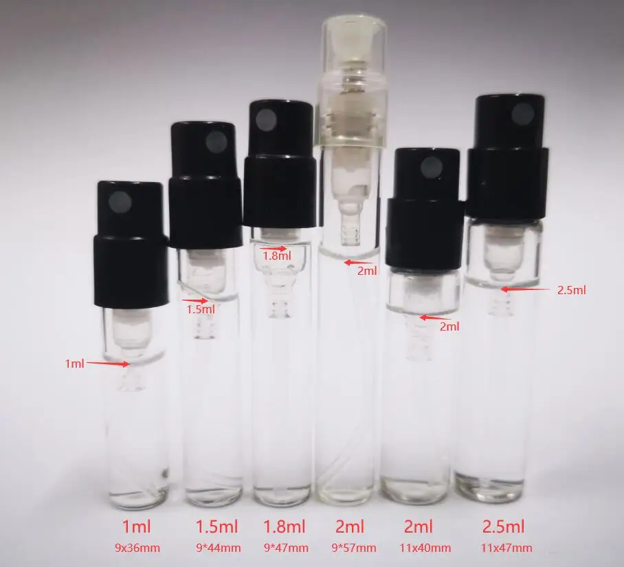 Perfume Samples Bottle 100pcs 1ml 1.5ml 1.8ml 2ml 2.5ml Bayonet Glass with Black White Transparent Invisible Spring Pump Sprayer