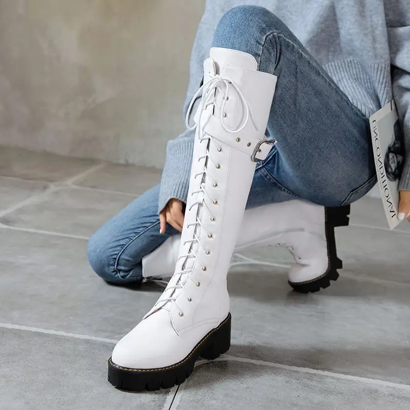 

2022 Winter Chunky Heels Platform White Brown Female Boots Cross Tied Knee Hight Boots Catwalk Boots Big Size 43 44 45 46 47 48