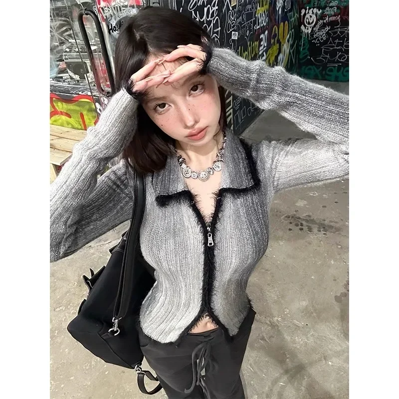 

2023 Autumn for Women Crop Tops Vintage Korean Retro High Street Double Zipper Sweater Cardigan Knit Jacket Tops