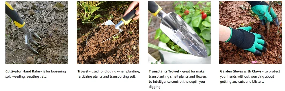 Description Picture 2 of itemGarden Tool Set 4 Pack With Trowel, Cultivator Hand Rake, Transplant Trowel, Gardening Gloves For Weeding, Loosening Soil
