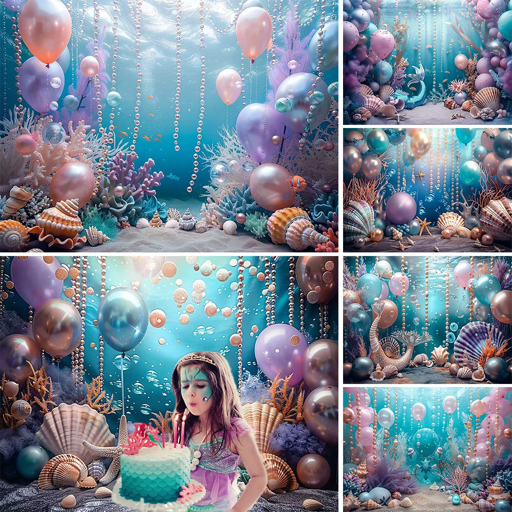 

Mermaid Princess Girl Birthday Party Background Banner Blue Undersea Pearl Shell Balloon Backdrop Decor Kid Cake Smash Photozone