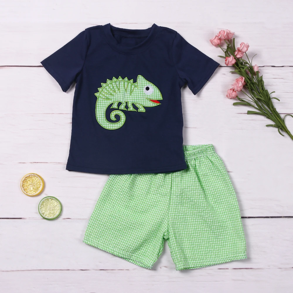 

Summer Bebe 1-8T Outfits Baby Boy Clothes Set Dinosaur Embroidery Bodysuit Toddler Sleeve Babi T-shirt Infant Seersucker Shorts