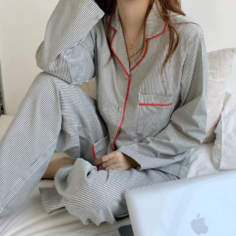 Women's Simple Striped Long-sleeved Cardigan 2 Piece Set Pajamas for Spring