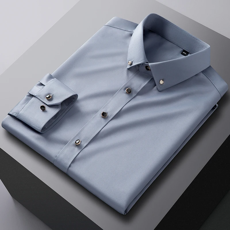 New in shirt Drill buckle long-sleeve shirts for men slim fit formal plain shirt elastic solid Party clothes elegant white tops
