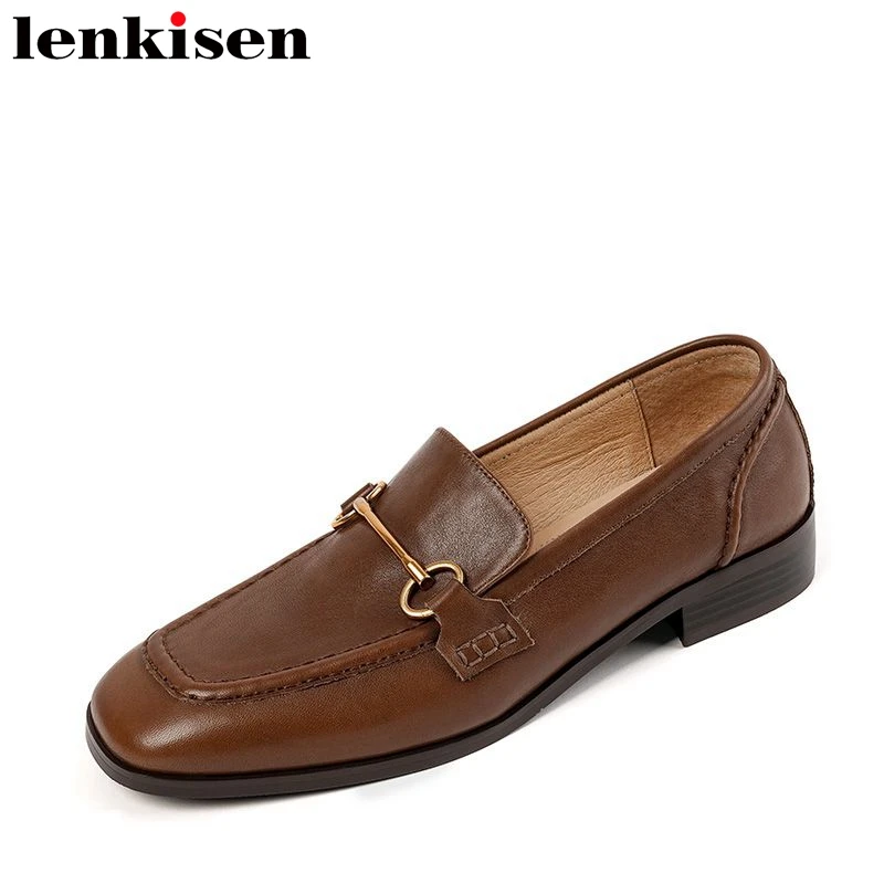 

Lenkisen Genuine Leather Square Toe Retro Fashion Spring Brand Shoes Metal Decorations Office Lady Slip on Brand Women Pumps