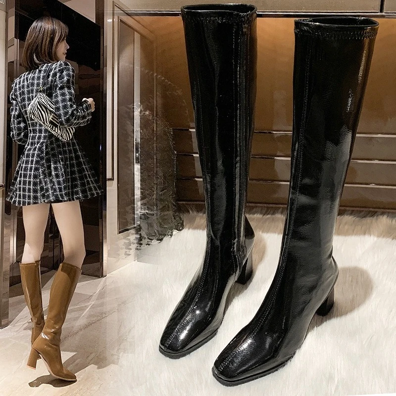 Women 2025 Platform Knee High Boots Autumn New Patent Leather Side Zipper Long Boots Woman Black High Heel Knight Botas Mujer